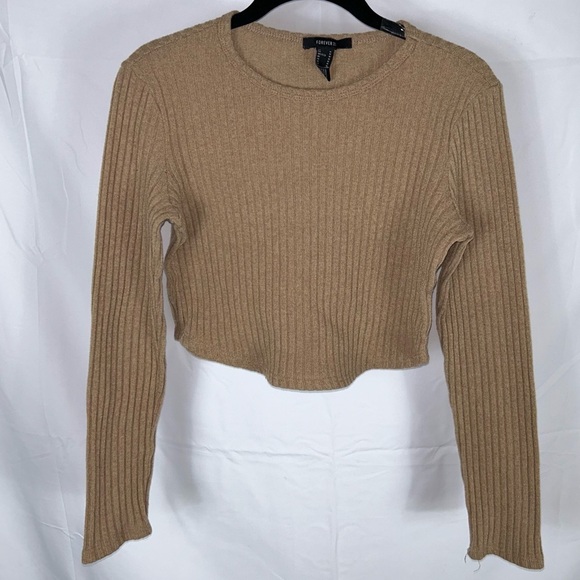 Forever 21 Sweater Cropped Round Hem Knit Ribbed Long Sleeve Crewneck Pullover - Picture 2 of 6